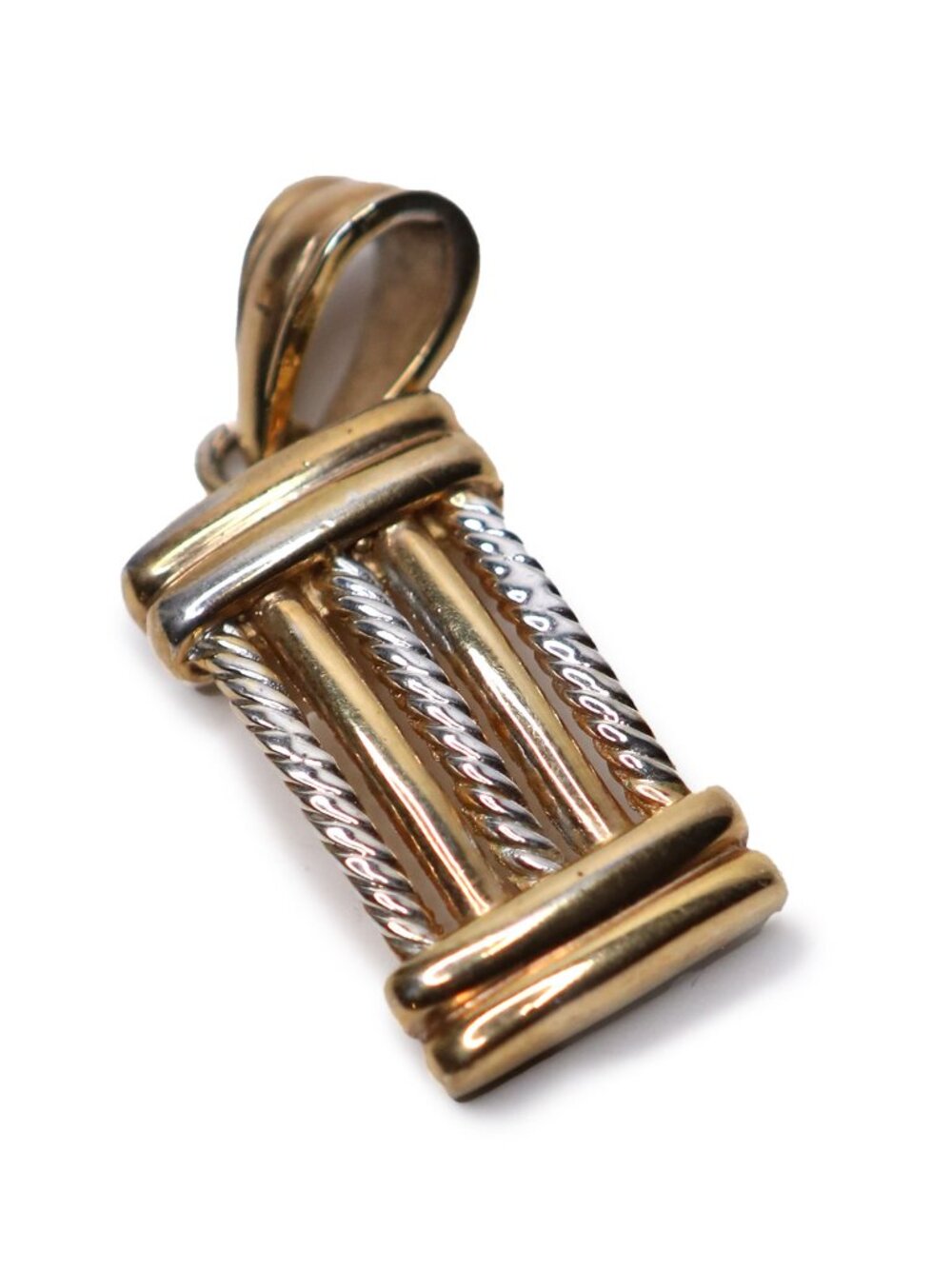 Two-Tone Gold Shell Column Pendant - Ribbed & Twisted Rope Mixed Metal Charm - Picture 3 of 10